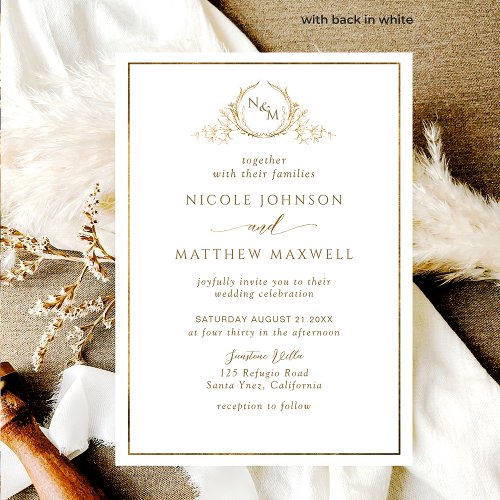 Formal Elegant White and Gold Monogram Wedding Invitation