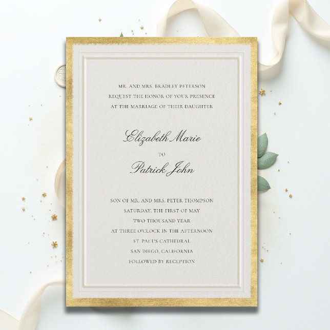 Formal Elevated Golden Ecru Modern Classic Wedding Invitation (formal traditional wedding invitation modern classic double frame ballroom gold ecru black white)