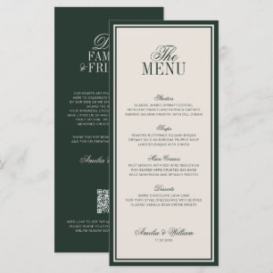 Formal Emerald Green Cream Old Money Wedding Menu