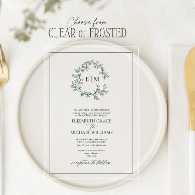 Formal Emerald Green Leafy Crest Monogram Wedding  Acrylic Invitations (Creator Uploaded)