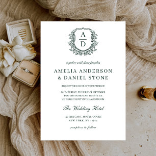 Formal Emerald Green Leafy Crest Monogram Wedding Invitation
