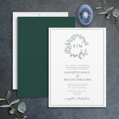 Formal Emerald Green Leafy Crest Monogram Wedding Invitation