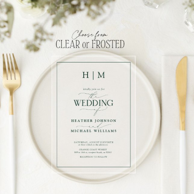 Formal Emerald Green Monogram Calligraphy Wedding Acrylic Invitations (Creator Uploaded)