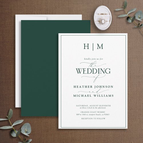 Formal Emerald Green Monogram Calligraphy Wedding Invitation