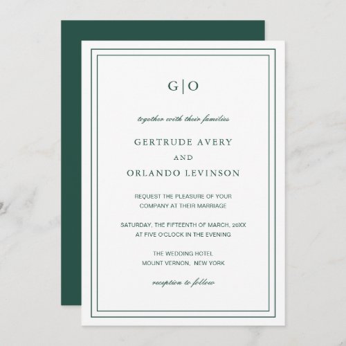 Formal Emerald Green Monogram Elegant Wedding Invitation