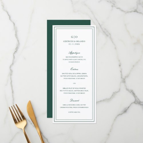 Formal Emerald Green Monogram Elegant Wedding Menu