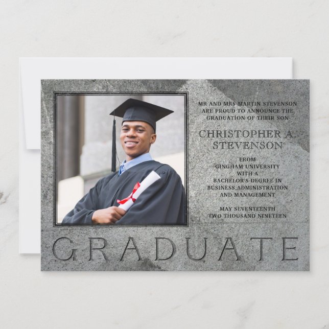 Formal Engraved Stone Photo Graduation Announcement (Front)