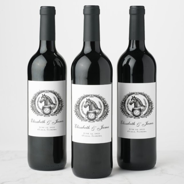 Formal Equestrian Horse Monogram Crest Wedding Wine Label (Bottles)
