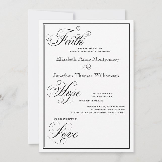 Formal Faith Hope Love Script Wedding Invitation (Front)