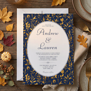 Formal Fall Floral Blue Gold Oval Wedding Invitation