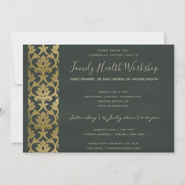 FORMAL FAUX GOLD BLACK DAMASK WORKSHOP EVENT INVITATION (Front)
