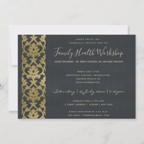 FORMAL FAUX GOLD NAVY DAMASK WORKSHOP EVENT INVITATION