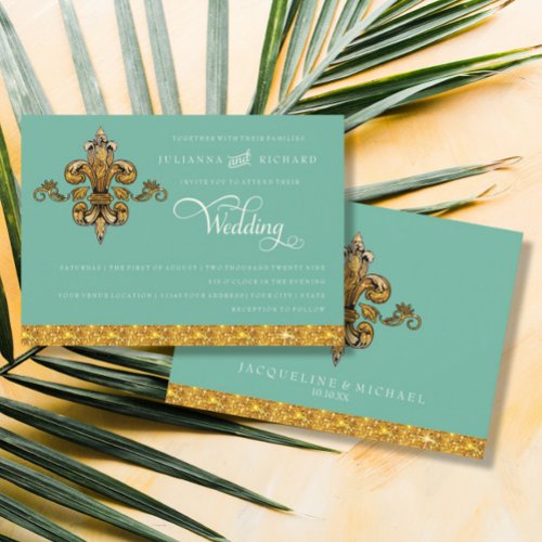 Formal Fleur de Lis Gold Turquoise Aqua Wedding Invitation
