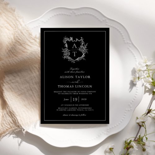 Formal Floral Crest Monogram Black Wedding Invitation