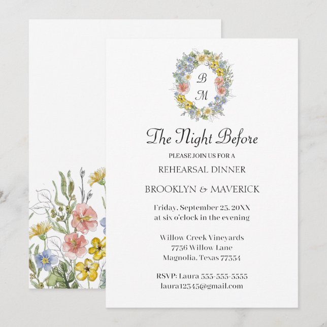 Formal Floral Crest Monogram Rehearsal Dinner Invitation (Front/Back)