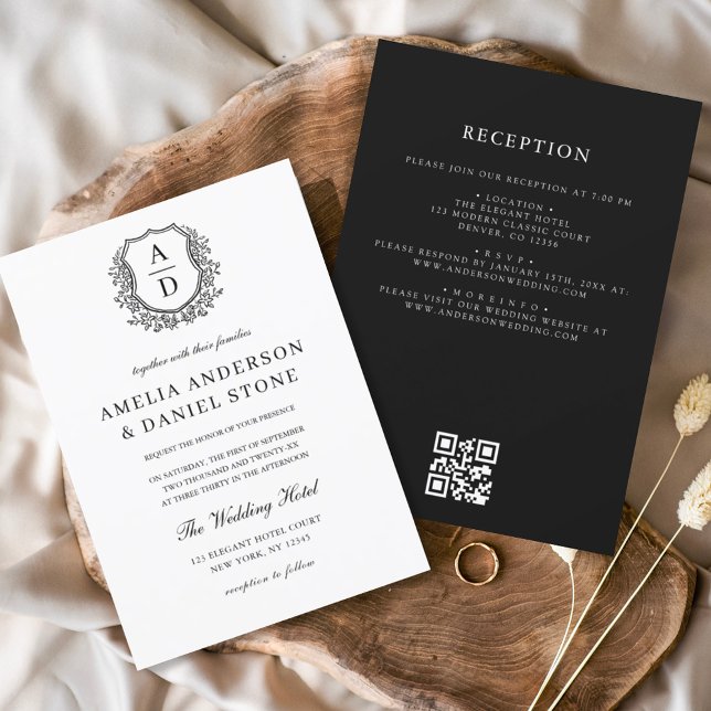 Formal Floral Crest Monogram Wedding QR Code Invitation (Creator Uploaded)