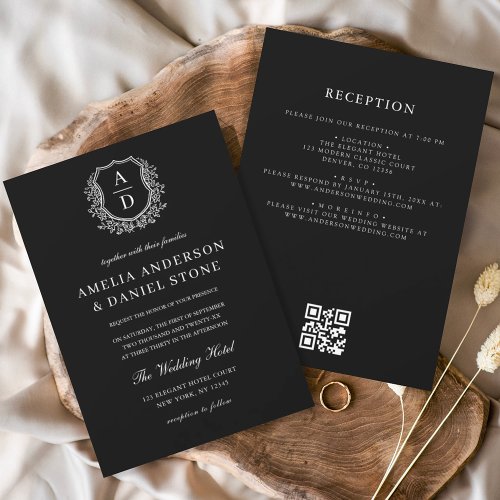 Formal Floral Crest Monogram Wedding QR Code Invitation