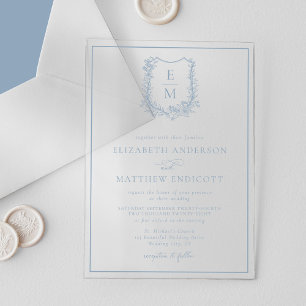 Formal Floral Monogram Crest Dusty Blue Wedding Acrylic Invitations