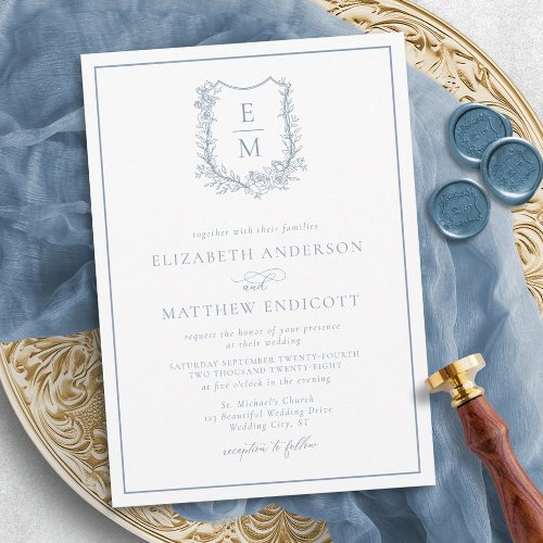 Formal Floral Monogram Crest Dusty Blue Wedding Invitation