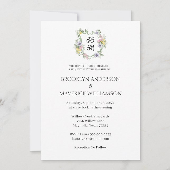 Formal Floral Monogram Crest Wedding Invitation (Front)