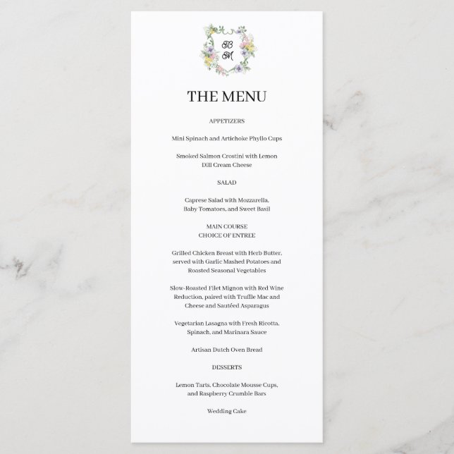 Formal Floral Monogram Crest Wedding Menu (Front)