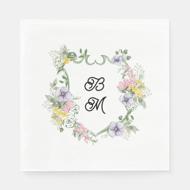 Formal Floral Monogram Crest Wedding Napkins (Front)