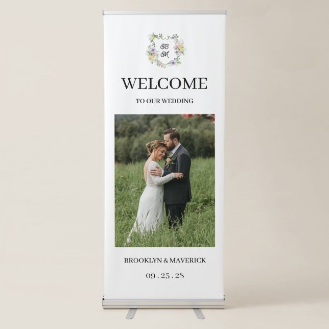 Formal Floral Monogram Crest Wedding Retractable Banner (Front)