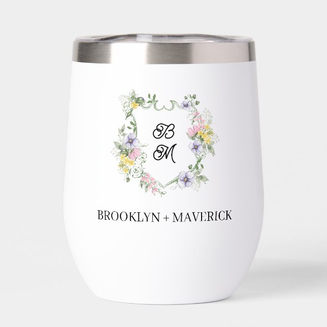 Formal Floral Monogram Crest Wedding Thermal Wine Tumbler (Back)