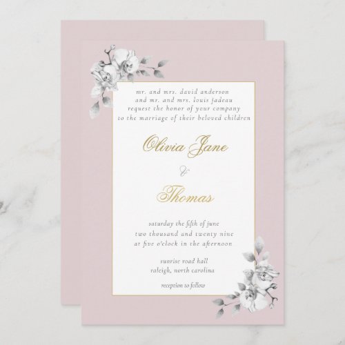 Formal Frame Gold Dusty Rose Eucalyptus BW Wedding Invitation