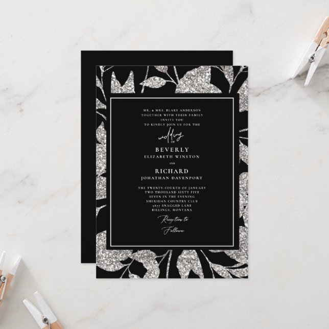 Formal Glamorous Black & Silver Wedding Invitation (Front/Back In Situ)