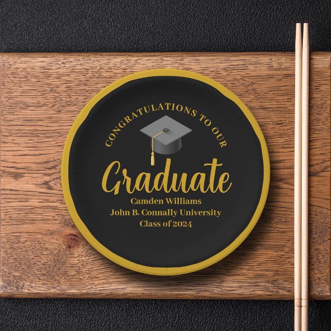 Formal Gold Black Graduation Party Personalized Paper Plates (Creator Uploaded)