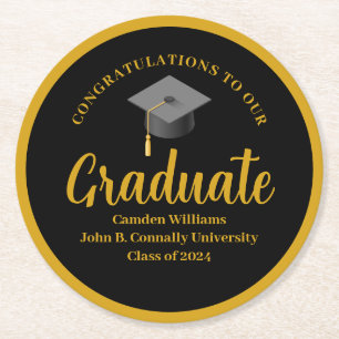 Formal Gold Black Graduation Personalized Party Round Paper Coaster