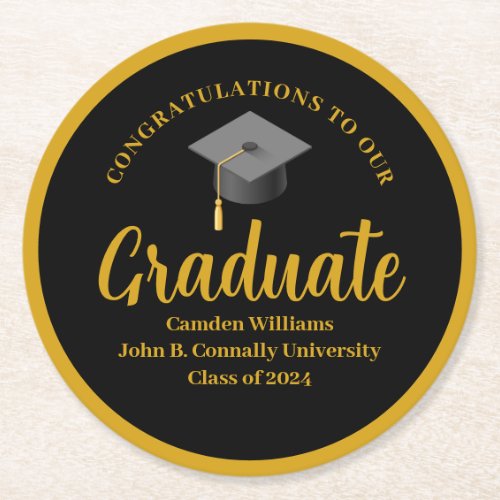 Formal Gold Black Graduation Personalized Party Round Paper Coaster