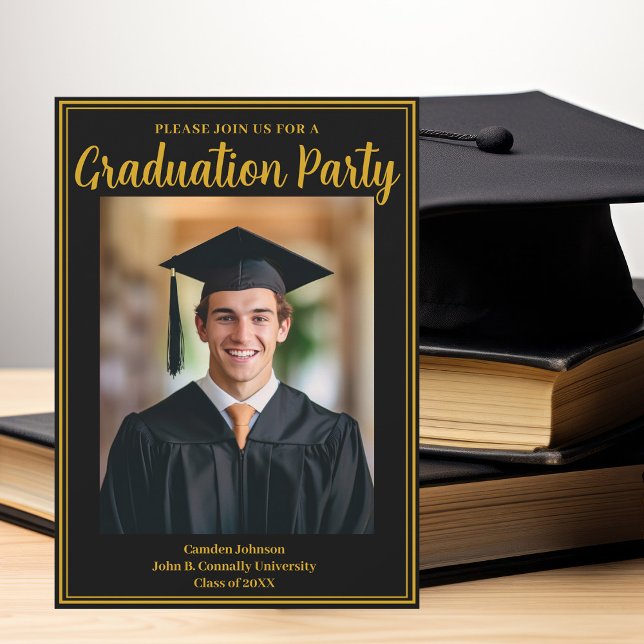 Formal Gold Black Graduation Photo Party Invitation (Creator Uploaded)