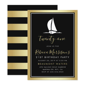 Formal Gold Black & White Sailing Boat Birthday Invitation