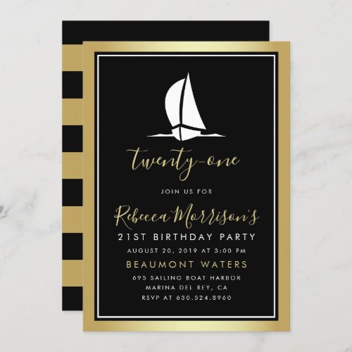 Formal Gold Black  White Sailing Boat Birthday Invitation