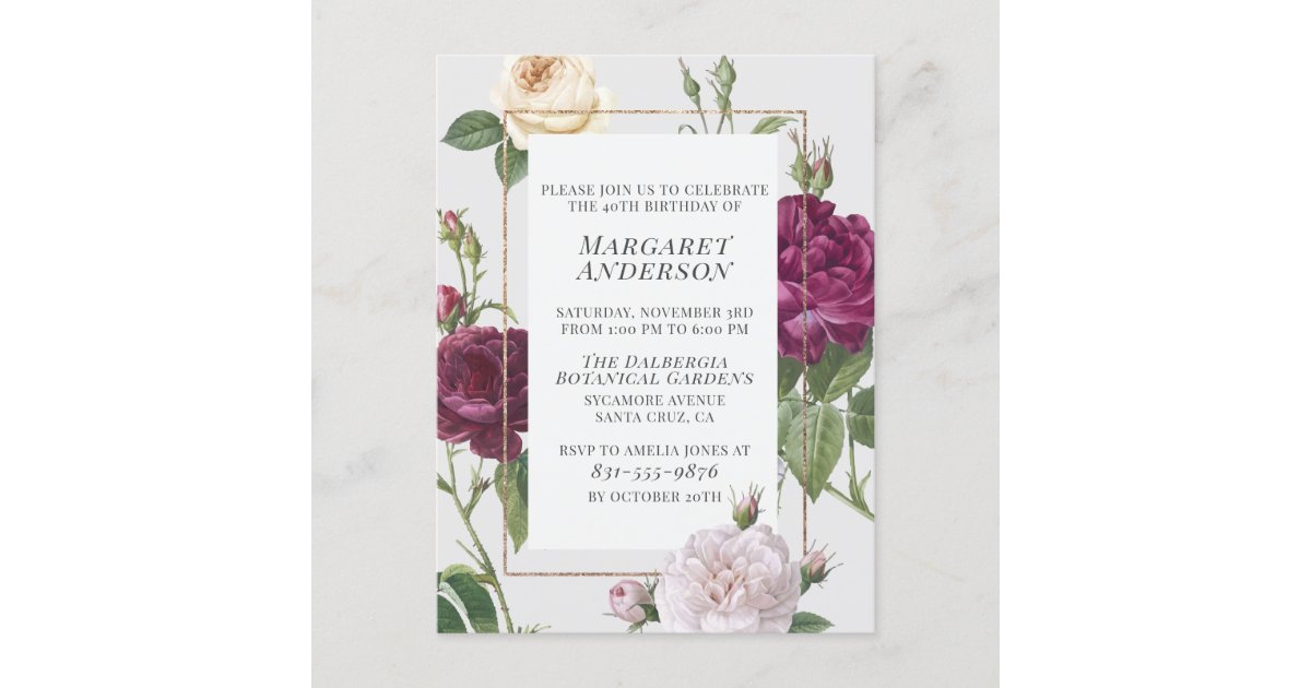 Formal Gold Border Painted Roses Birthday Party Invitation Postcard ...