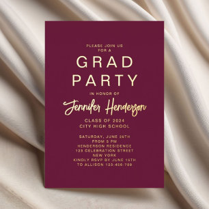 Formal Gold Burgundy Graduation Party Foil Invitation
