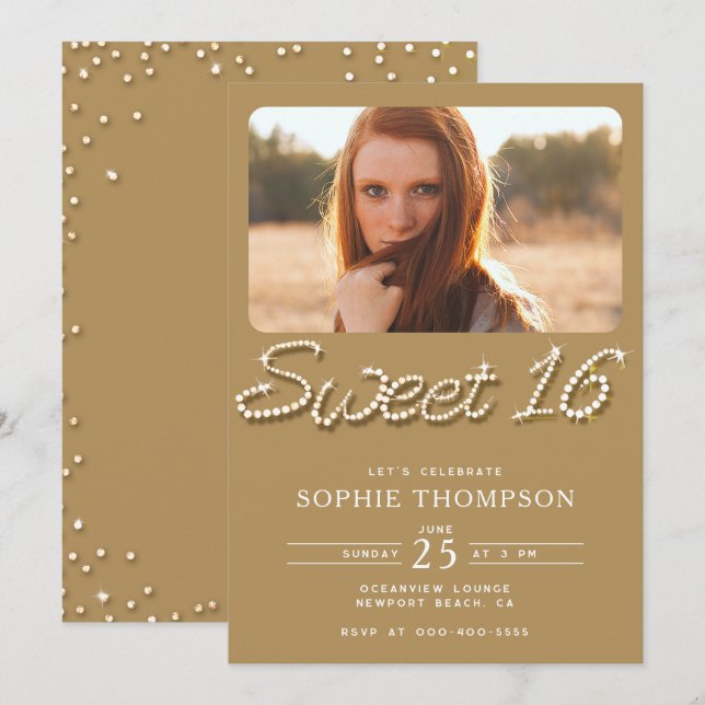 Formal Gold Chic Classy Rhinestones Sweet 16 Photo Invitation (Front/Back)