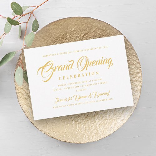 Formal Gold Corporate Grand Opening White Invitation