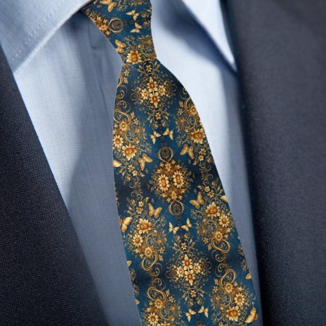 Formal Gold Deep Blue Fower Bouquets Butterflies Neck Tie (Creator Uploaded)