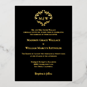 Formal Gold Foil Black Monogram Wreath Wedding Invitation Postcard