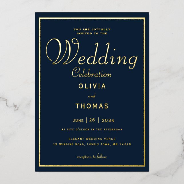 Formal Gold Frame Calligraphy Navy Wedding Foil Invitation (Front)