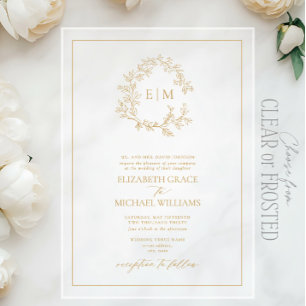 Formal Gold Leafy Crest Monogram Wedding Acrylic Invitations