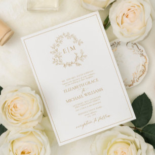 Formal Gold Leafy Crest Monogram Wedding Invitation