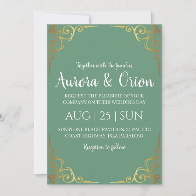 formal gold sage green wedding invitations (Front)