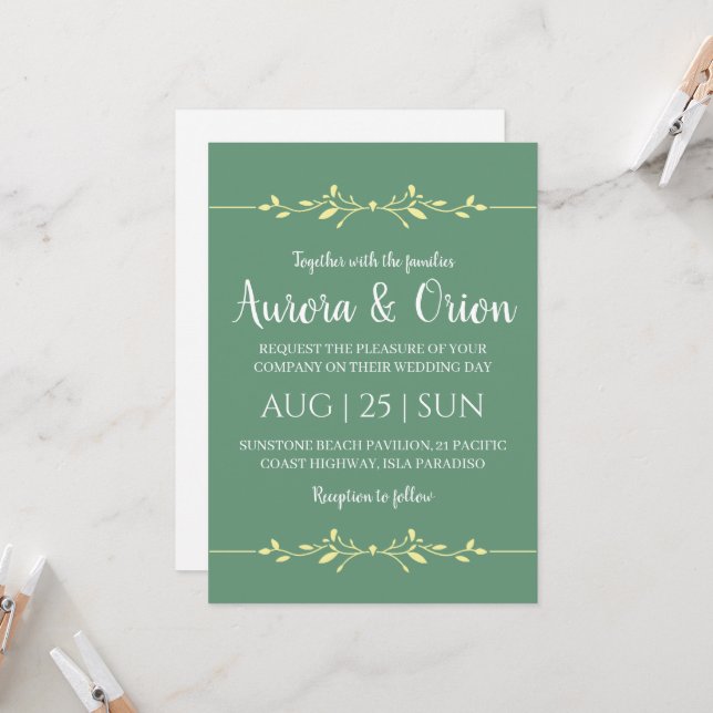 formal gold sage green wedding invitations (Front/Back In Situ)