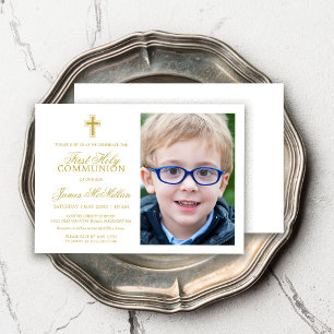 Formal Gold White First Communion Photo Boy Invitation