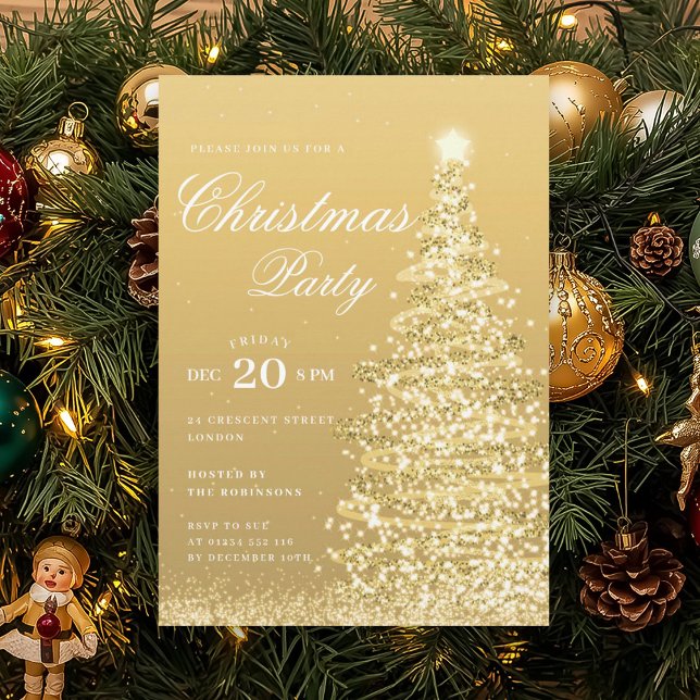 Formal Gold Winter Christmas Tree Holiday Party  Invitation (Formal Gold Winter Christmas Tree Holiday Party Invitation)