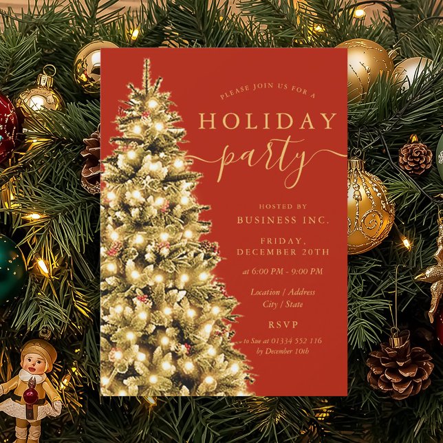 Formal Gold Xmas Tree Corporate Holiday Ruby Red  Invitation (Formal Gold Xmas Tree Corporate Holiday Ruby Red Invitation)